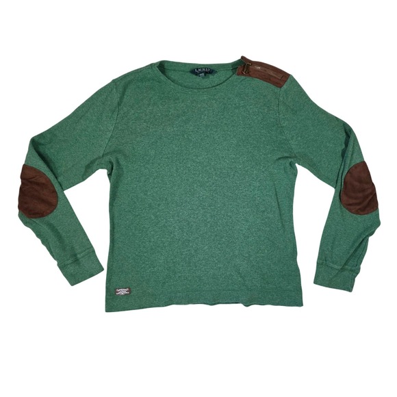 Lauren Ralph Lauren Womens L Green Long Sleeve Top Brown Shoulder Elbow Patch - Picture 1 of 12